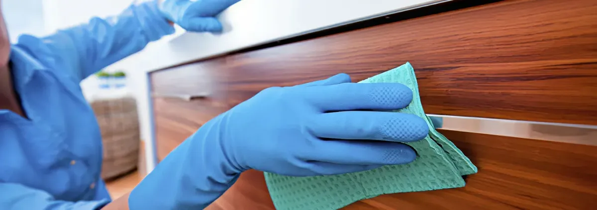 Cleaner wearing blue gloves wiping a wooden cabinet drawer with a microfiber cloth for dust and grime removal, Minneapolis, MN.