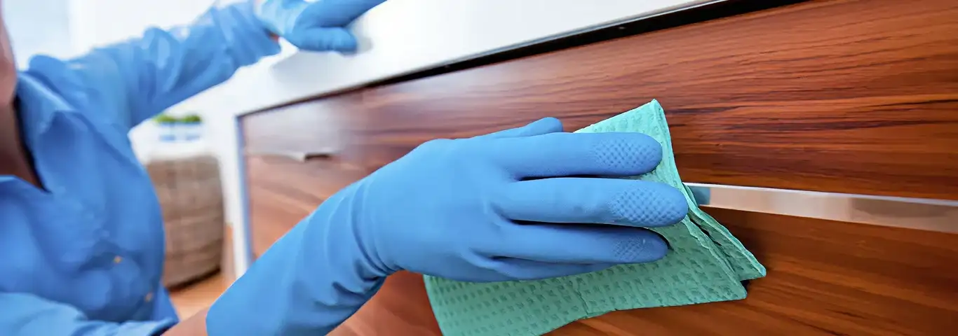 Cleaner wearing blue gloves wiping a wooden cabinet drawer with a microfiber cloth for dust and grime removal, Minneapolis, MN.