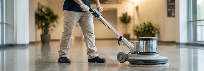 Professional technician using an industrial floor buffer to polish and maintain shiny commercial flooring in a corporate hallway in Minneapolis, MN.