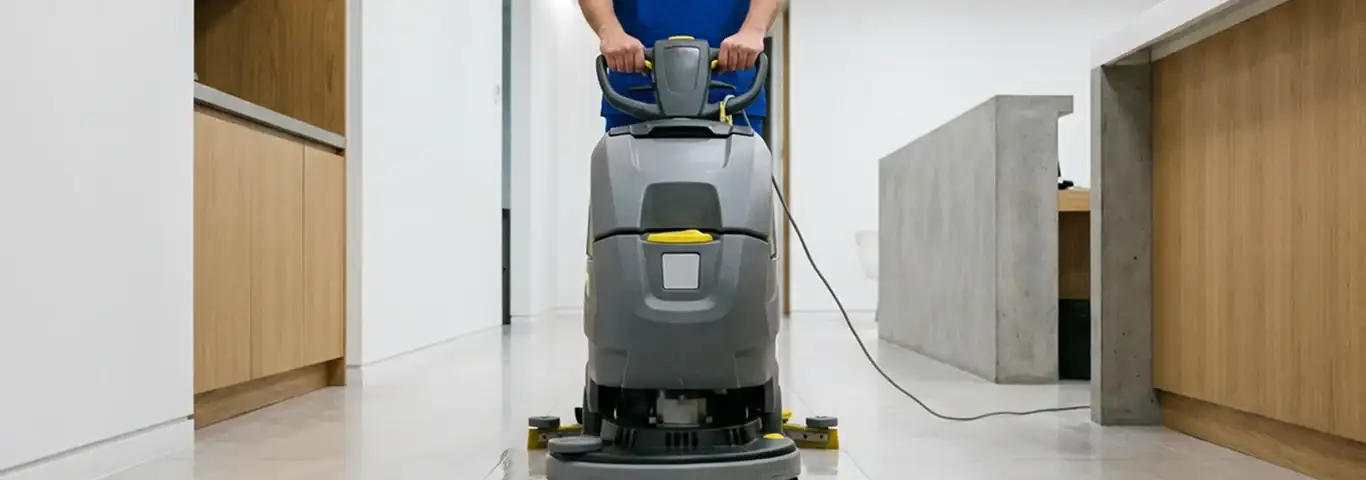 Janitorial staff using a floor scrubber machine to clean a commercial hallway, Minneapolis, MN.