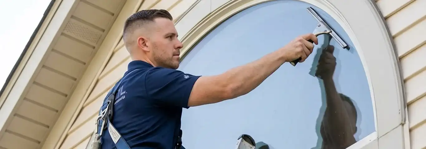 Professional window cleaner using a squeegee to clean an exterior arched window on a home, Minneapolis, MN.