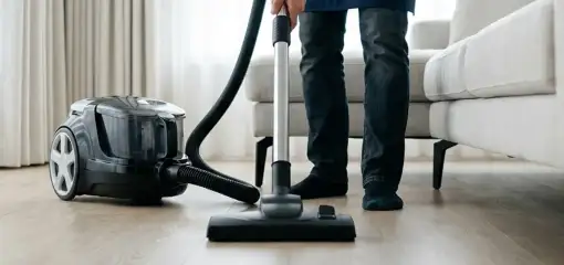 Professional house cleaner vacuuming a living room floor with a canister vacuum cleaner, Minneapolis, MN.