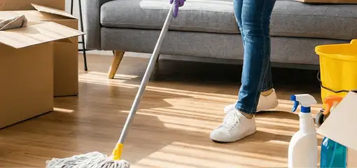 Move-out cleaning setup with a cleaner mopping hardwood floors near moving boxes and cleaning supplies, Minneapolis, MN.