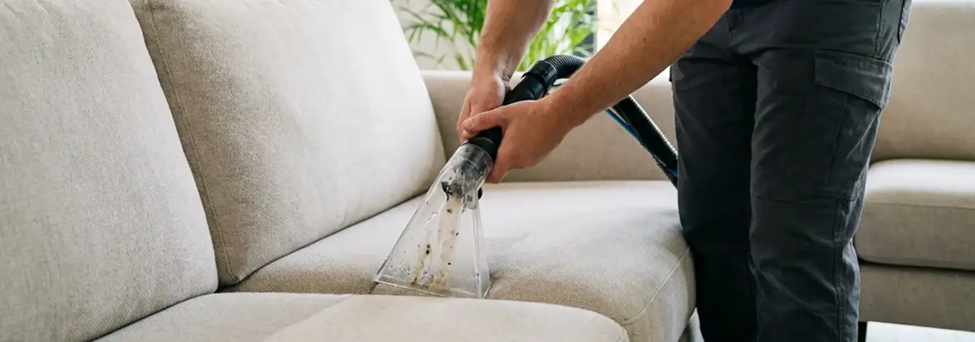 Technician extracting dirt and moisture from a fabric sofa with an upholstery cleaning wand, Minneapolis, MN.