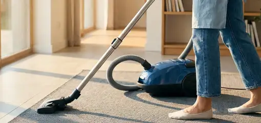 Person vacuuming a living room rug with a canister vacuum cleaner near large windows, Minneapolis, MN.